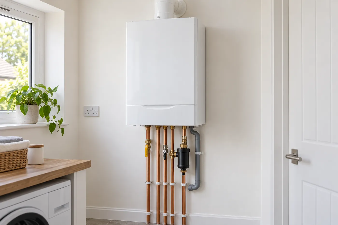 Chaudière murale gaz à condensation posée dans un local technique, raccordements cuivre et filtre sur le retour