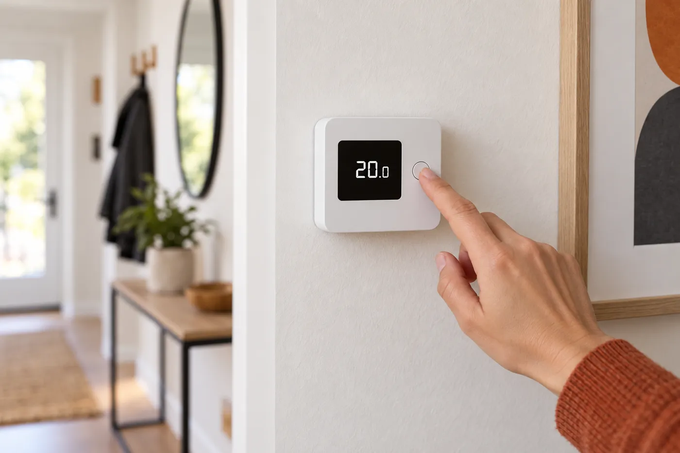 Réglage d'un thermostat d'ambiance programmable fixé au mur d'une entrée